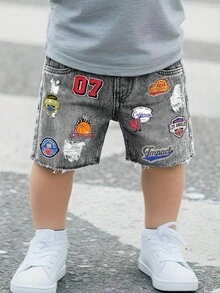 SHEIN Baby Boy Distressed Graphic Print Casual Denim Shorts - Grey - View 7