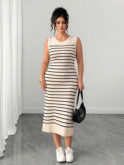 Elenzga Đầm len không tay kẻ sọc thanh lịch cỡ lớn