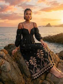 CAJUNI Chic Vacation Golden Banana Trees Long Dress - Black - View 1