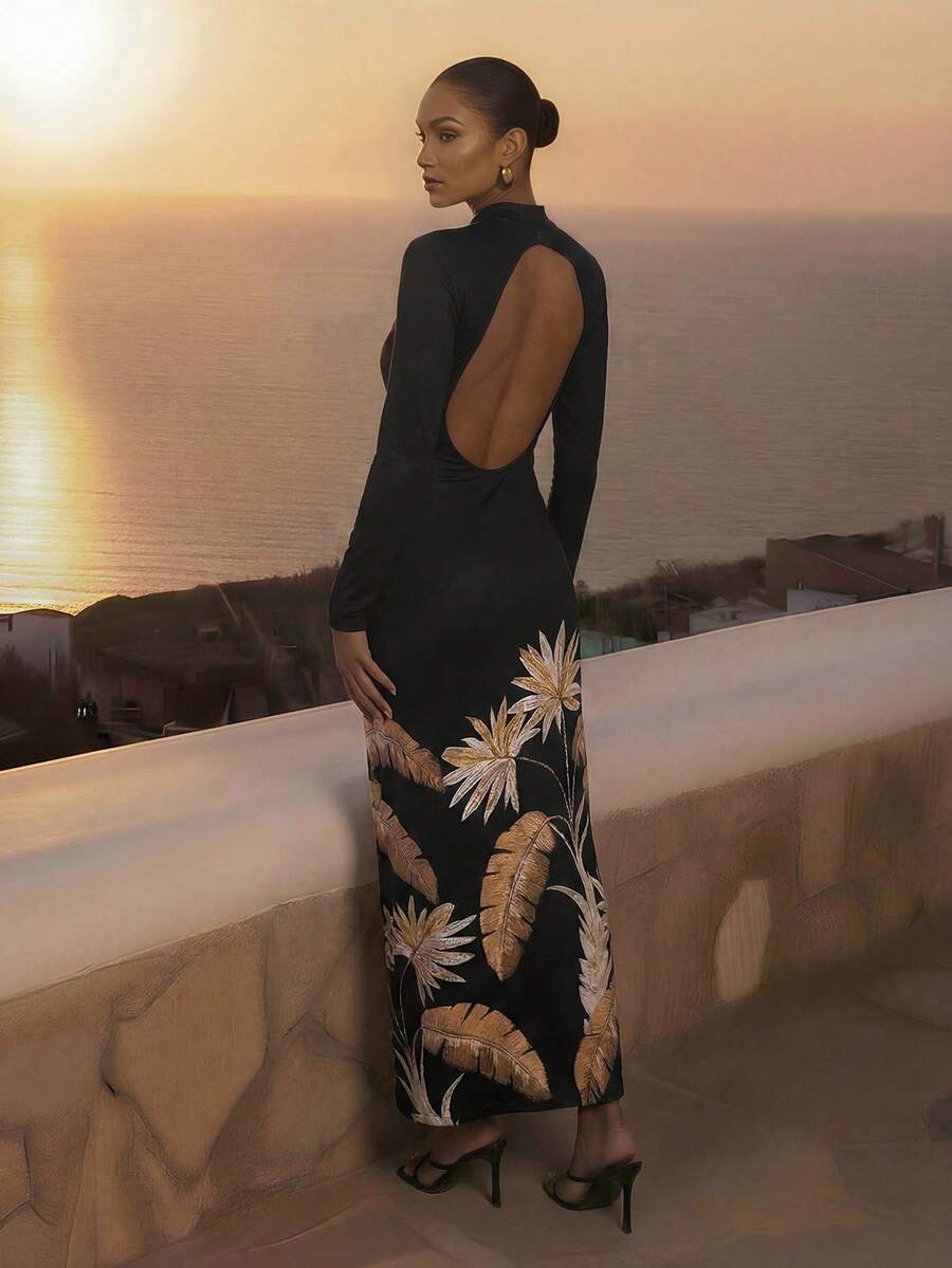 CAJUNI Vestido de verano elegante con espalda abierta y estampado de palmeras doradas - Negro - Ver 1