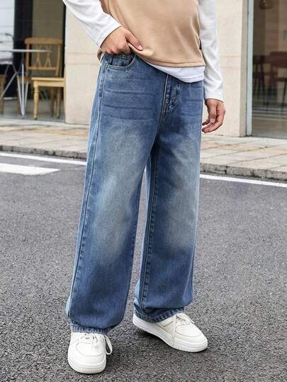 SHEIN Mirajuku Tween Boy 复古基本休闲学院风宽松直筒牛仔裤