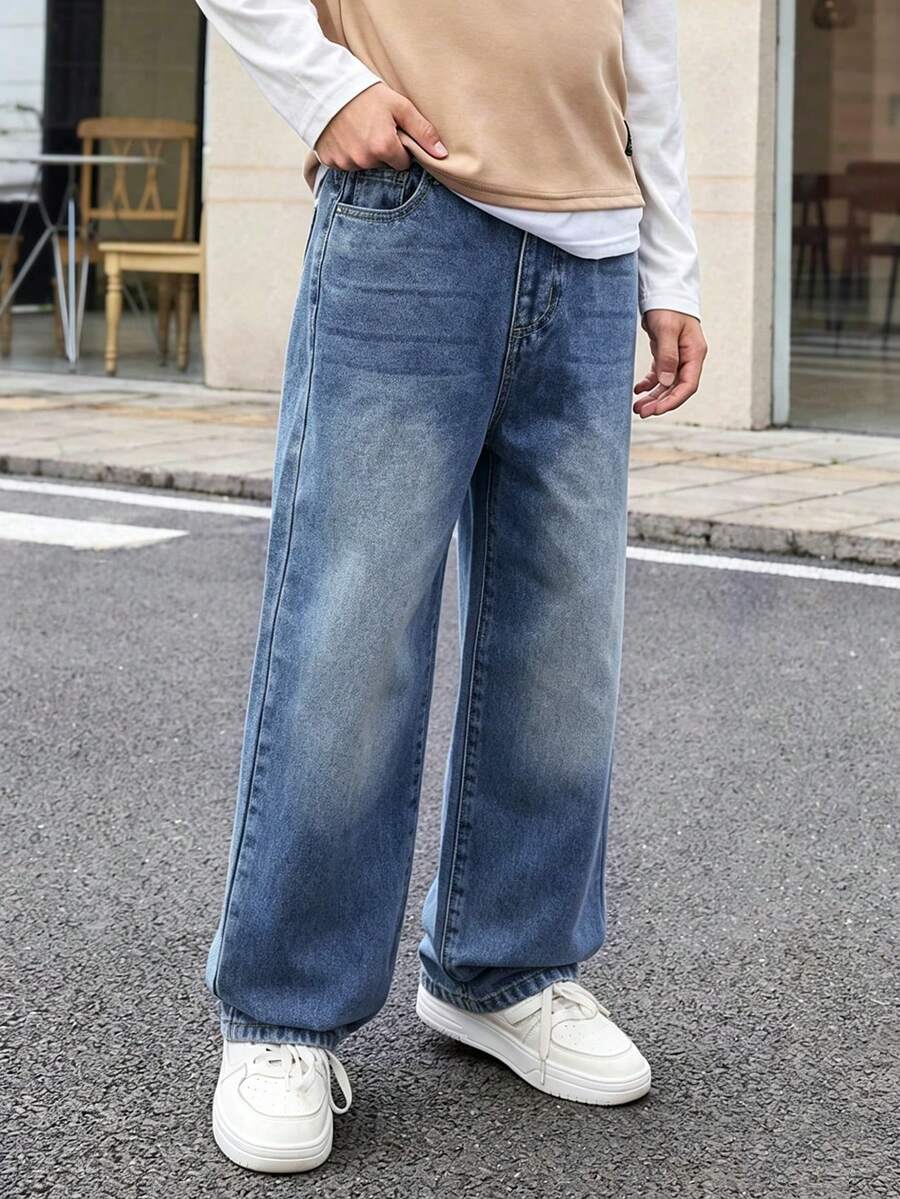 SHEIN Mirajuku Tween Boy Retro Basic Casual College Style Loose Straight Leg Jeans Summer Holiday - Dark Wash - View 1