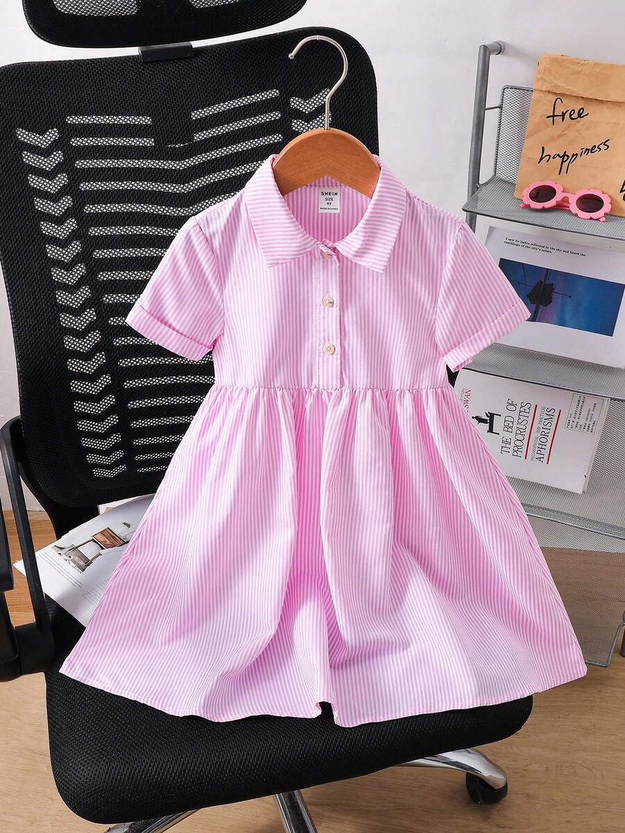 SHEIN 少女夏季休闲条纹连衣裙 - 粉色 - 查看 1
