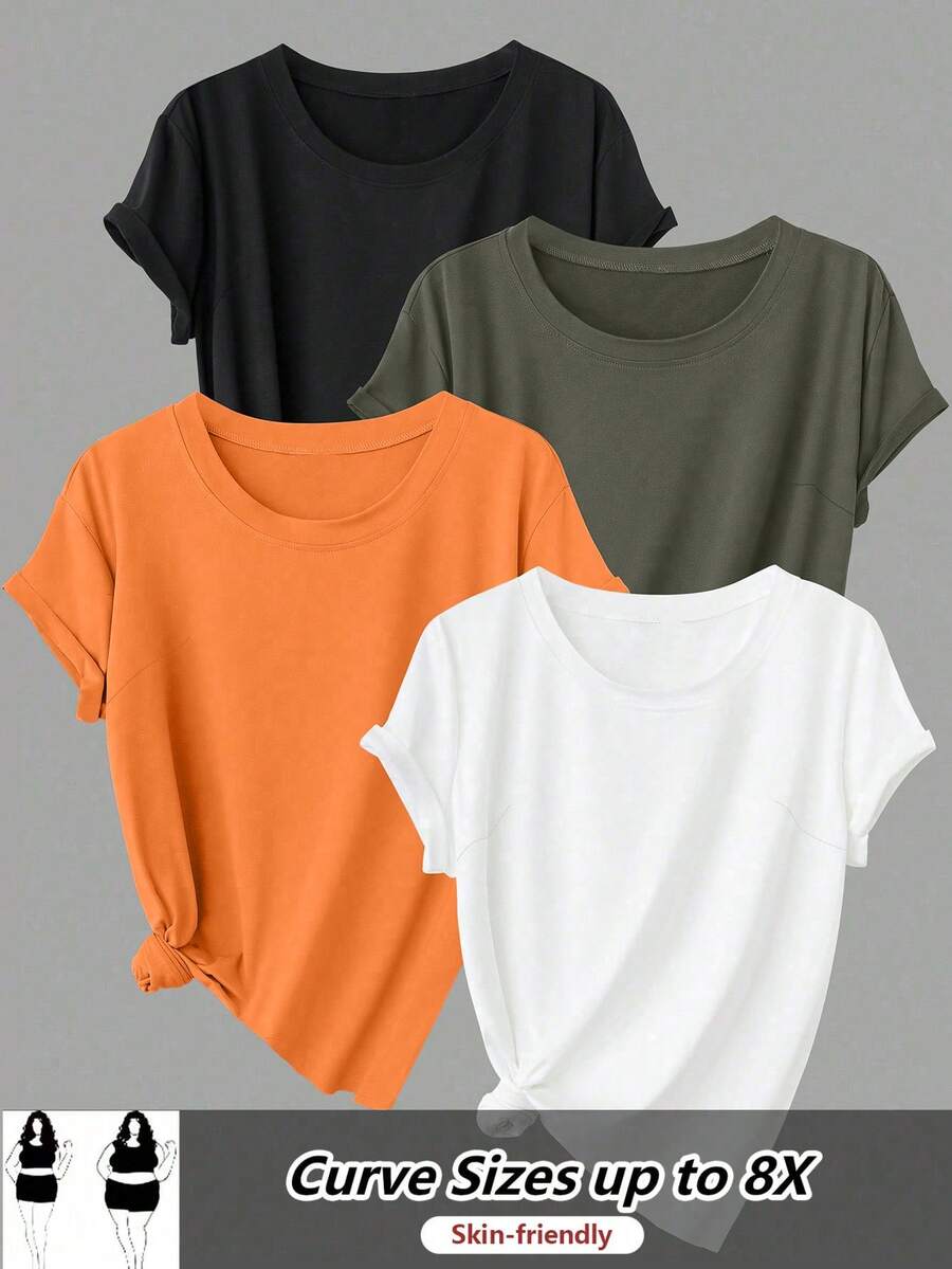 SHEIN CURVE+ 4件套加大码女式基本款短袖宽松T恤 - 彩色 - 查看 1