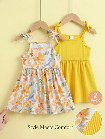 SHEIN 2件套女婴休闲基础款可爱甜美复古碎花吊带连衣裙，百搭组合，适合春夏、节日、生日、户外活动、日常休闲穿着、度假，适合3个月至3岁宝宝。