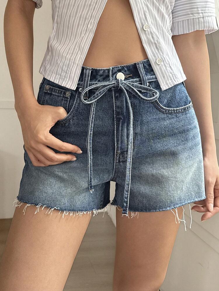 Women's Summer Short Frayed Hem Drawstring Casual Denim Shorts