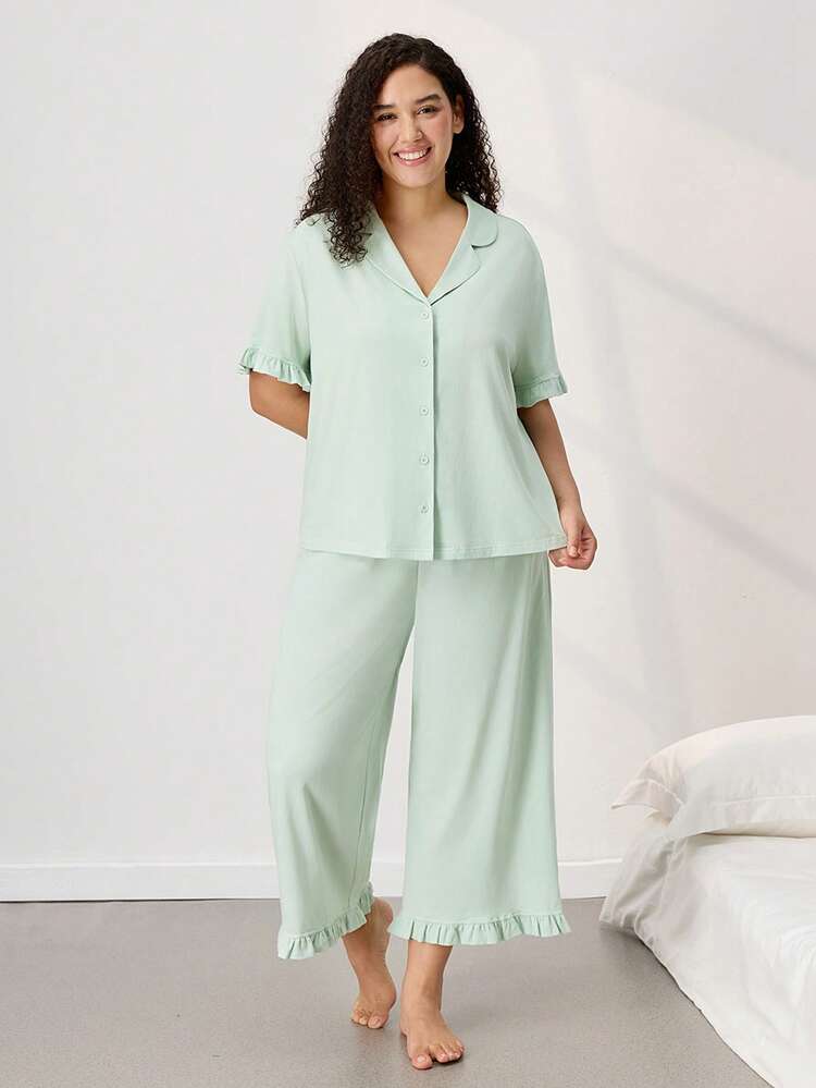 Große Größen Damen atmungsaktiver grüner Baumwoll Kurzarm Knopf-Top & Hose luftige Loungewear, süßer Pyjama-Set mit Taschen, romantische Wäsche, gemütlich zu Hause, Baumwoll-Pyjamas für Frühling und Sommer