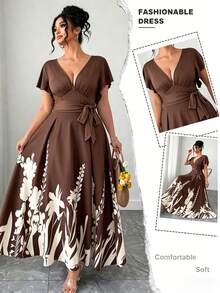 SHEIN Elenzya Đầm chữ A dáng suông cổ chữ V xếp ly, thắt nơ ở eo dành cho nữ cỡ lớn, chất liệu vải dệt họa tiết ghép mảnh, thoải mái và thời trang cho mùa xuân/hè, phù hợp cho mặc hàng ngày, đi nghỉ mát, đi làm và nhiều dịp khác. - màu nâu - Xem 5