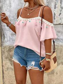 Breezaya Plus Size Solid Color Fringe Splice Off-Shoulder Casual Vacation Blouse For Women, Spring/Summer Blouse For Women Summer Cute Tops For Women Summer Casual Blouses For Women Girly Tops For Women - Pink - View 7