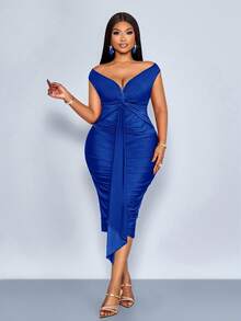 SOLERSUN Plus Size Royal Blue Autumn Curve Elegant Cocktail Dress Women Summer Shiny V-Neck Pleated Twist Off-The-Shoulder Knitted High Elastic Party Dress - Royal Blue - View 5