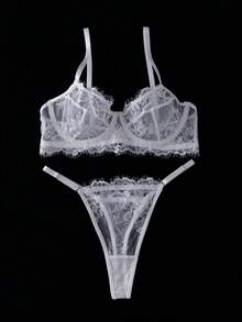 SHEIN 2pcs/Set Rose Red Lace Patchwork Lingerie Set, Mature & Sensual - White - View 6