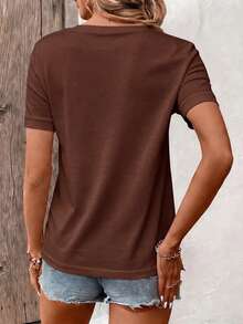 EMERY ROSE Casual Solid Color Notched Neck T-Shirt, Versatile For Summer - Coffee Brown - View 2