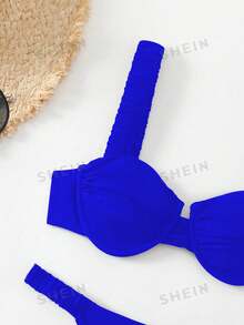 SHEIN Swim Conjunto de bikini sólido y fruncido de moda para mujeres de verano en la playa - azul real - Ver 5