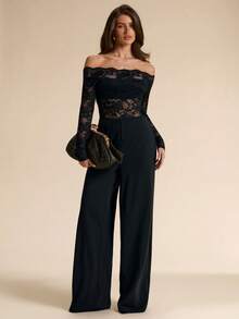 SHEIN BAE Black Long Sleeve Sexy Off-Shoulder Lace Jumpsuit, Tight-Fitting Flared Leg, Spring/Summer - Black - View 3