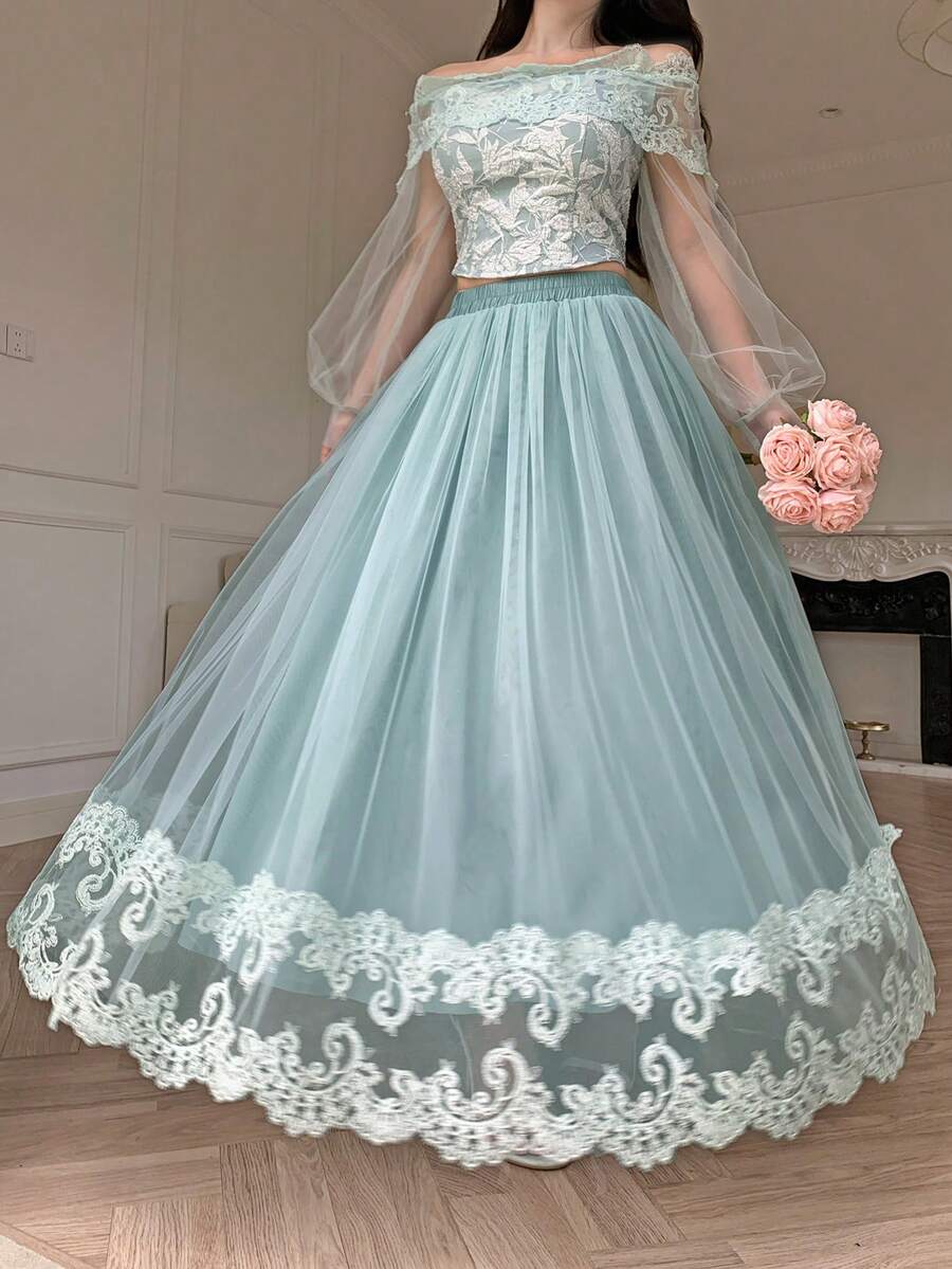 Modelyn Falda esbelta de línea A con encaje verde y parches de malla, elegante y etérea