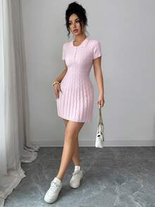 Elenzga Light Pink Summer Cute Brunch Polo Collar Knit Dress,Youthful College Style Textured Rib Knit A-Line Dress With Embroidery,Half-Placket Button Decor - Pink - View 6