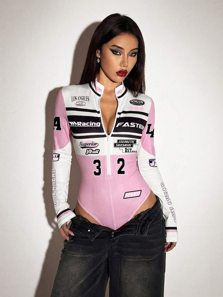SHEIN ICON 女士字母印花长袖拉链半开襟休闲连体衣 - 彩色 - 查看 1