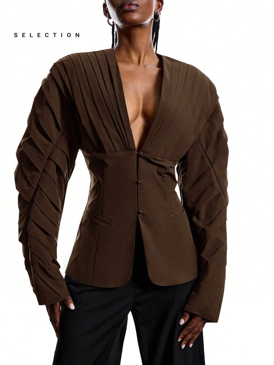 LYSMO Camisa de vacaciones con cuello en V profundo y plisado para mujer, marrón - Marrón - Ver 1