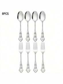 Conjunto de 8 ou 16 peças de colheres e garfos de sobremesa em estilo vintage real, em aço inoxidável de alta qualidade. Inclui colher para aveia, colher para café, colher para iogurte, garfo para salada e garfo de mesa. Talheres elegantes para casa, cozinha, restaurante, café e festas. Acabamento polido espelhado. Pode ser lavado na lava-louças. Ideal para presente de Natal. - Prata - Ver 8