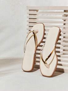 SHUZIA #UrbanLuxe Women's Electroplated Gold TPU Strap Off White Flip-Flops – Minimalist, Glossy & Comfortable Summer Essential. - White - View 7