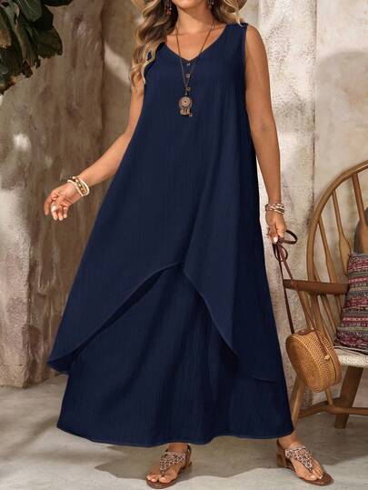 EMERY ROSE Vestido largo blanco de verano para mujer talla grande con cuello en V y sin mangas, 2 en 1