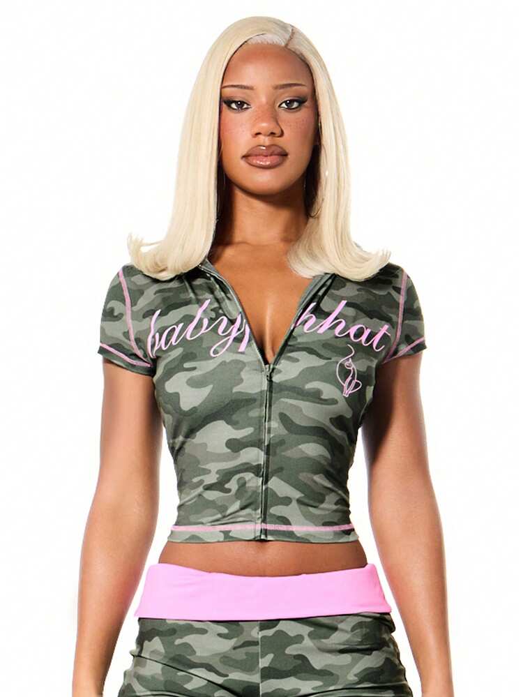 BABYPHAT Camouflage Short Sleeve Hooded Zip Up Top With Pink Text Script And Contrast Trim Details For Casual Summer Style