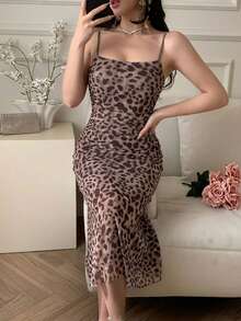 DAZY Women's Leopard Print Fashionable Vacation Side Slit Fishtail Hem Bodycon Cami Dress Summer Sundress - Brown - View 4