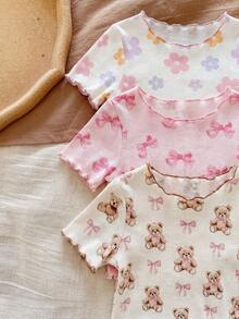 SHEIN LMoss Kids Dozemod Baby Girl Cute Cartoon Bear & Floral Print Ruffle Trim Round Neck Short Sleeve Top And Pants 6-Piece Casual Comfortable Knit Pajama Set - Multicolor - View 5