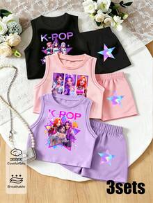 6件套少女休闲时尚创意个性清新可爱虚拟少女组合彩色五角星格子扎染标语印花上衣和短裤套装，黑色/粉色/紫色，舒适日常穿着，温暖夏日风格，适合春夏穿着 - 彩色 - 查看 1