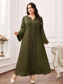 Al Najma Plus Size Women's Solid Color Long Sleeve Arabic Style Dress - Army Green - View 6