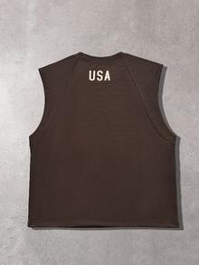 STYNVO Men's Letter Print Round Neck Raglan Sleeveless Vest, Suitable For Daily Wear, Sports, Travel And Vacation - Brown - View 2