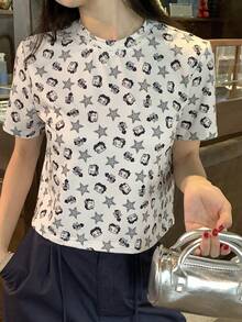 DAZY 女士全印花圆领休闲短袖T恤，夏季 - 灰色 - 查看 3
