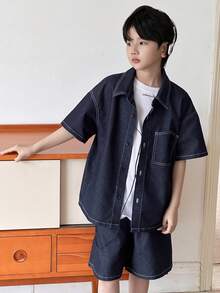 Dazy Kids 男童短袖衬衫+牛仔短裤两件套夏季 - 藍色 - 查看 3