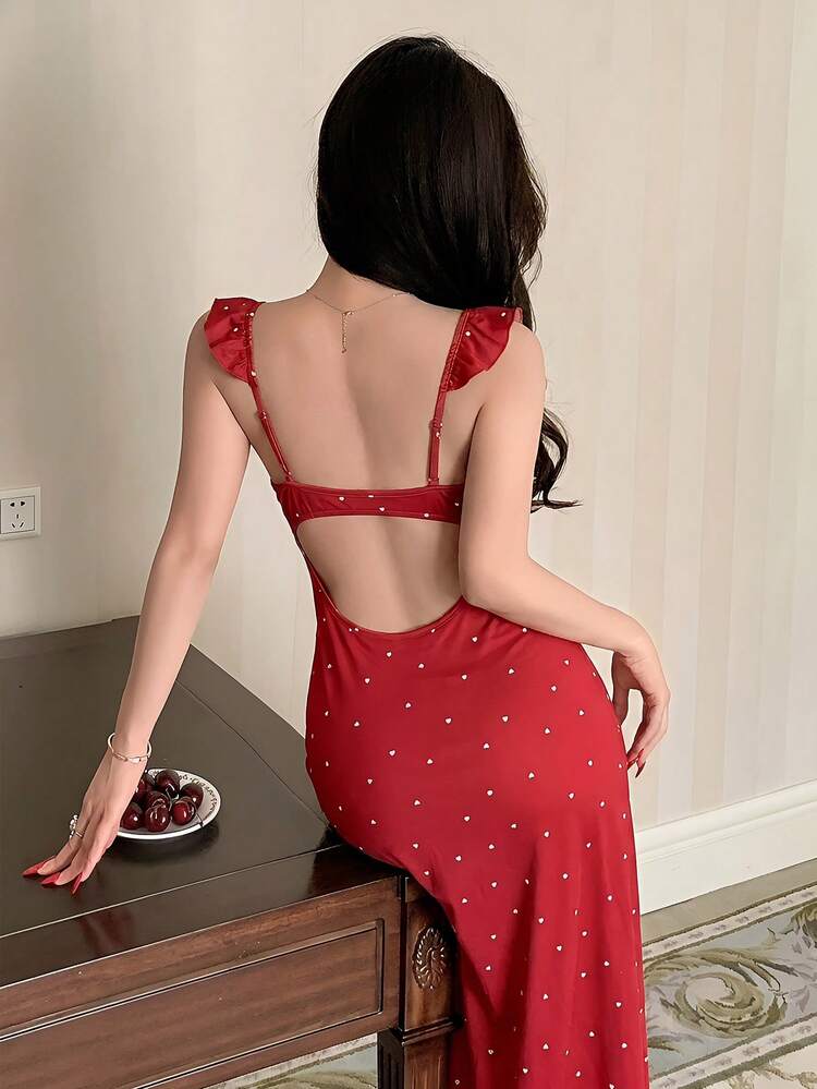 Red Polka Dot Fitted Short Backless Dress, Summer Sleepwear For Women