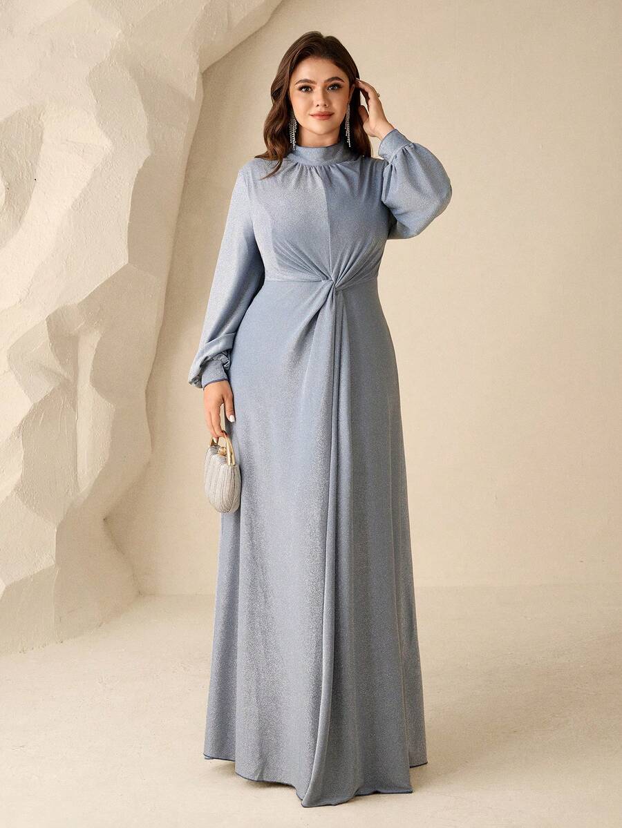 Coutiva Plus Size Solid Color Twist Knot Elegant Formal Long Sleeve Evening Gown (Embellished) Dinner Party Dusty Blue Spring - Baby Blue - View 1