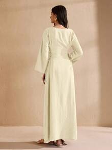 Graceveil Round Neck Solid Color Drawstring Tie Waist Dress - Apricot - View 3