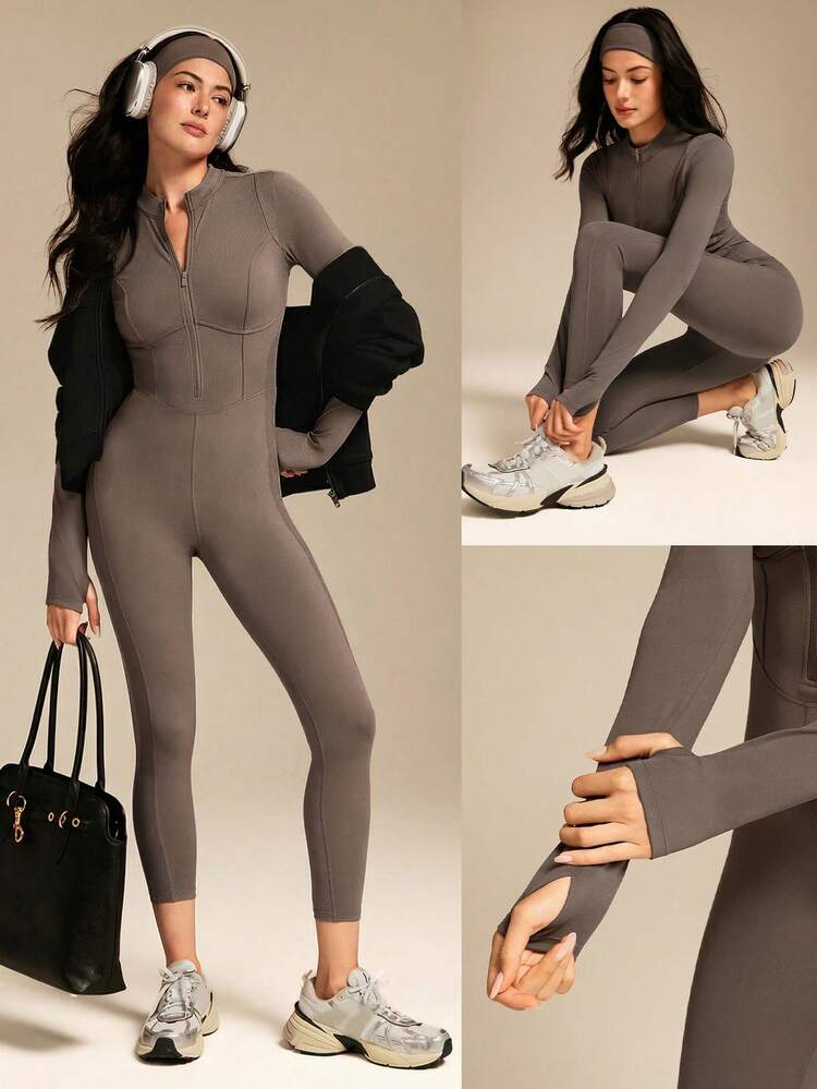 24" FeatherFit™-Air Glow Giver Tuta a maniche lunghe con zip frontale, pannelli laterali a costine, cuciture modellanti, asole per il pollice, schiena a V profonda, coppe rimovibili, tessuto traspirante e assorbente per attività fisica a basso impatto