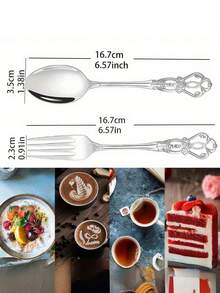 Conjunto de 8 ou 16 peças de colheres e garfos de sobremesa em estilo vintage real, em aço inoxidável de alta qualidade. Inclui colher para aveia, colher para café, colher para iogurte, garfo para salada e garfo de mesa. Talheres elegantes para casa, cozinha, restaurante, café e festas. Acabamento polido espelhado. Pode ser lavado na lava-louças. Ideal para presente de Natal. - Prata - Ver 2