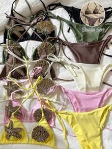 Swim Vcay Conjunto de bikini de 2 piezas de alta gama con parte superior decorada con strass en forma de estrella de mar y conchas, y shorts de natación con lazos laterales - Marrón - Ver 2