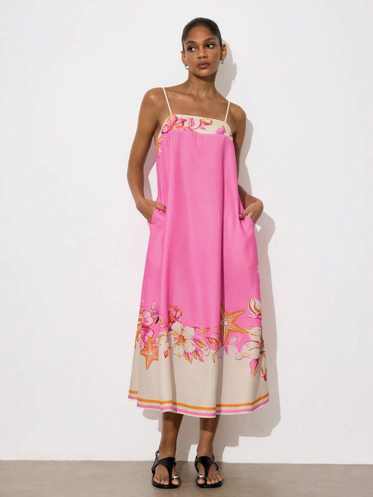 SHEIN Maija Women's Floral Print Loose Long Dress With Pockets, Suitable For Beach, Vacation