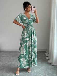 SHEIN PETITE Đầm ngắn tay nữ mùa xuân/hè bằng cotton in họa tiết nút tre, eo nhún, gấu chun, chất liệu cotton, kiểu dáng thanh lịch cổ điển Pháp, thích hợp cho công sở, đi làm, đi nghỉ mát, đi biển, dạo phố hoặc dự tiệc trà chiều. Mẫu đầm mới mùa xuân/hè. - màu xanh lá - Xem 5