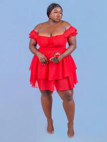 CurvyTilda Summer Holiday/Date Blue Solid Off-Shoulder Multi-Layer Ruffle Big Bowknot Casual Dress, Plus Size,Birthday Dresses For Women,Valentine Outfits - Red - View 4