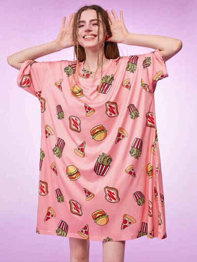 1 bộ đồ ngủ nữ dáng rộng in hình hamburger, khoai tây chiên, pizza.