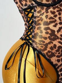 Bare Chapter 3pcs Sexy Leopard Print Mesh Crisscross Backless Jumpsuit Set With Side Slit And Underwire - Multicolor - View 7