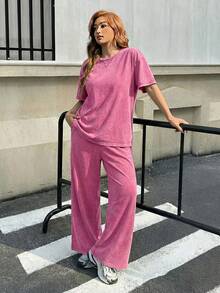 SHEIN Muchic Plus Size Distressed Fuchsia Acid Wash Loose T-Shirt + Wide Leg Pants 2 Pieces Cotton Suit Set, Spring/Summer - Hot Pink - View 4