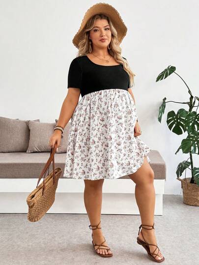 Plussiva Đầm ngắn tay họa tiết hoa lá chắp vá dáng rộng dành cho phụ nữ mang thai cỡ lớn, thích hợp cho mùa hè.