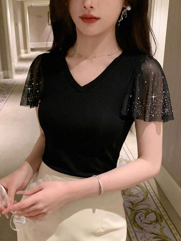 Women's V-Neck Short Sleeve Patchwork Sleeve Elegant Rhinestone Casual Pullover T-Shirt, Summer