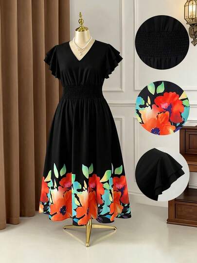Rometta Plus Size Women Floral V-Neck Ruffle Sleeve Elegant Dress
