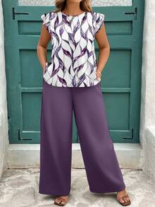EMERY ROSE Casual Minimalist Purple Leaf Print Plus Size 2 Pieces Set, Suitable For Spring/Summer Vacation Travel - Multicolor - View 6