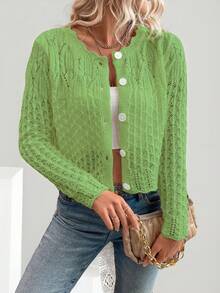 Áo khoác cardigan nữ cổ tròn khoét lỗ cài nút phía trước, áo len dệt kim mùa thu/đông. - Màu xanh Ô liu - Xem 3